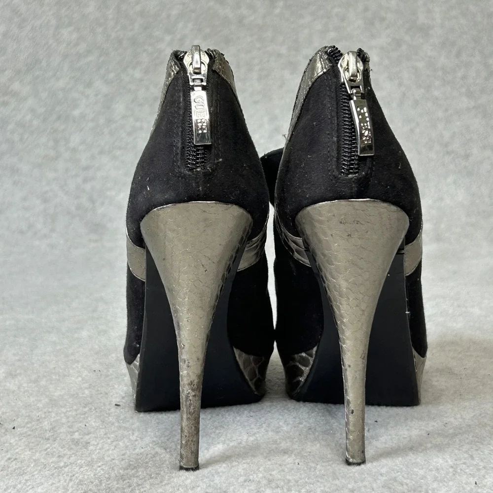 Vintage Guess Black Suede Ankle Boots Silver Metallic Trim Platform Heels 8M 90s